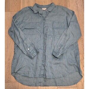 J.Jill Love Linen Shirt Women's Large Blue Teal Hidden Button Hi Lo Coastal